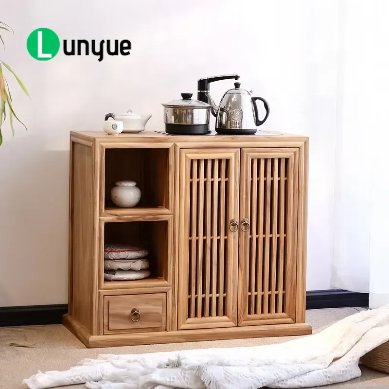 Solid Elm Wood Dining Table with Auto Boiling Function and Drawers Chinese Antique Style Coffee Table Cabinet for Living Room