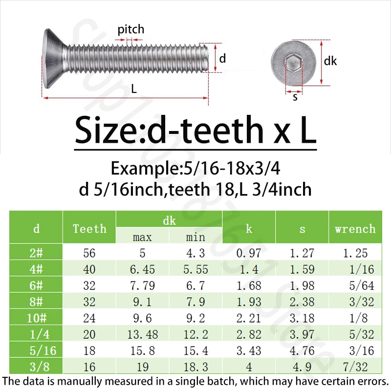 2#-56 2#-56 4#-40 6#-32 8#-32 10#-24 1/4-20 3/8-16 5/16-18 UNC 304 Stainless Steel Hexagon Socket Flat Countersunk Head Screws