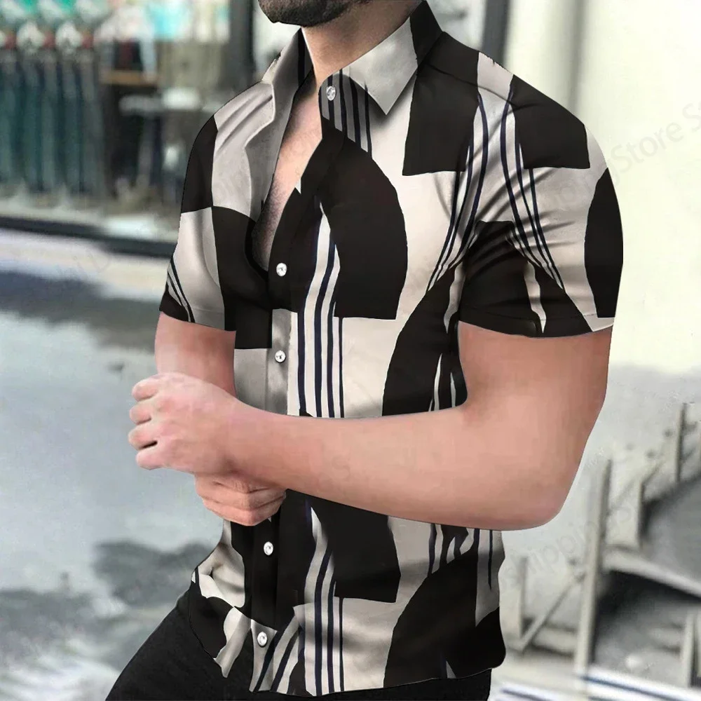 

Men's Simple Striped 3D Printed Short-sleeved Lapel Button Beach Outdoor Shirt Fashionable Casual Vacation Shirt Top