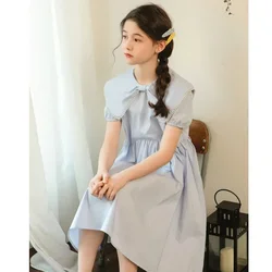Girls Summer Cotton Dress Korean Style Pearl Bow Collar Elegant Dresses Kids 8 10 12 13 14 years