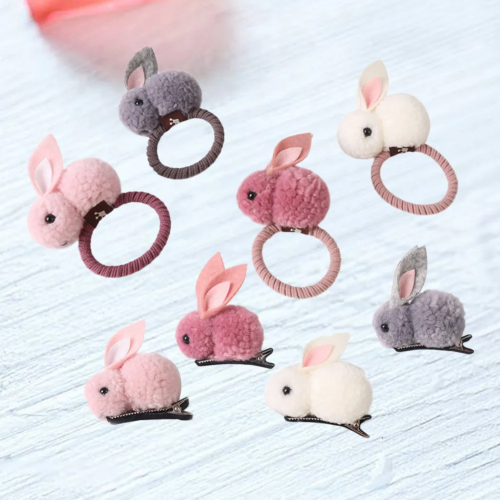 

8Pcs Rabbit Cartoon Hairpins Hair Ties Stretch Hair Ropes Elastic Ponytail Holders for Kids Girls Stylish Accessories