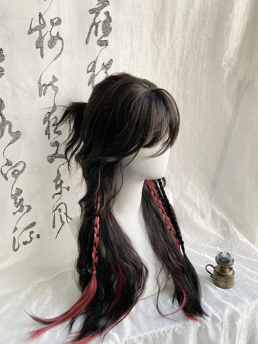 Pruik vrouwelijke volledige hoofdbedekking zwarte en rode highlights wolrol kwallen hoofd antiek porselein vader halloween cos