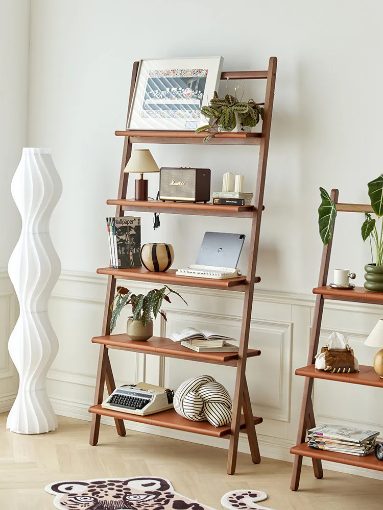 Retro, shelf, Italian, saddle leather, floor, solid wood bookshelf, living room, multi-layer display shelf.