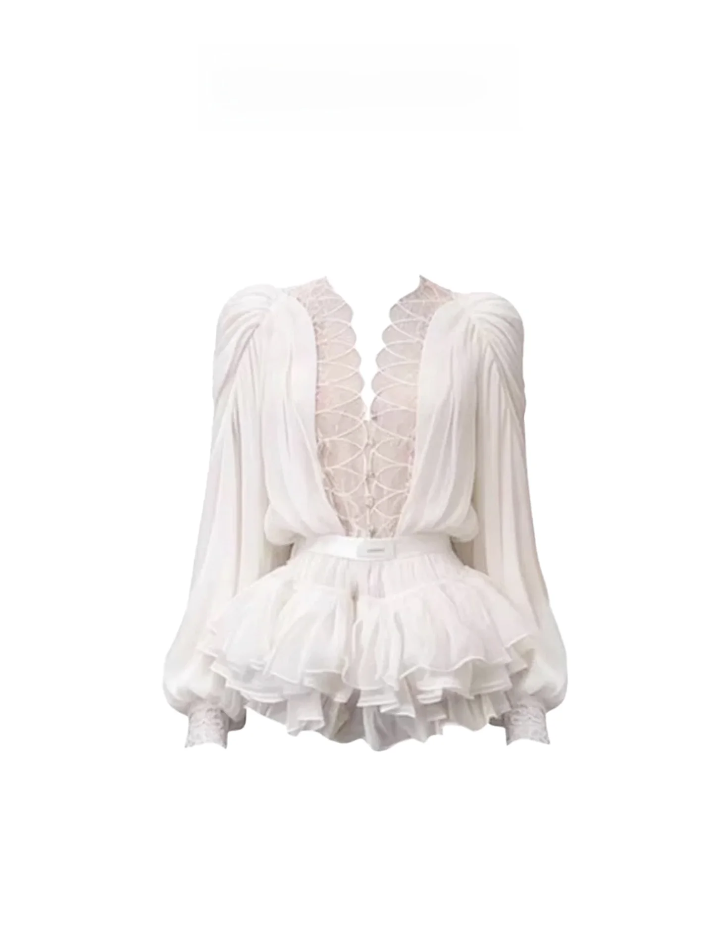 

HEZA plus Size Lace Splice Lantern Sve irt Women's High Waist Flared Skirt Set Faionable Commute Winter Collection