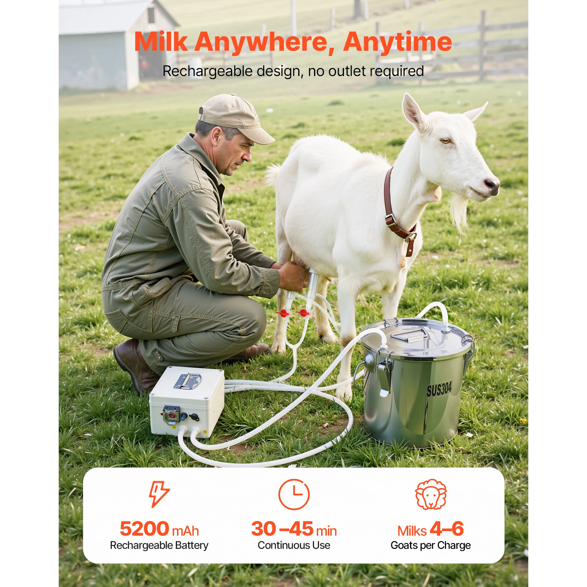 VEVOR Goat Milking Machine 0.8/1.6/1.8/3.2 Gal Stainless Steel Bucket with Teat Cups Electric Milking Machine for Goats Only