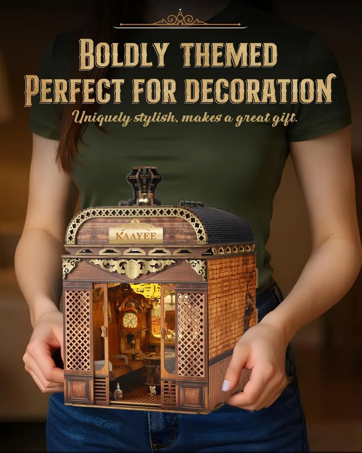 Book Nook Kit - Retro Train, 218 PCS DIY Miniature House 3D Wooden Puzzles for Adults, Dollhouse Tiny Booknook Bookshelf Decor,