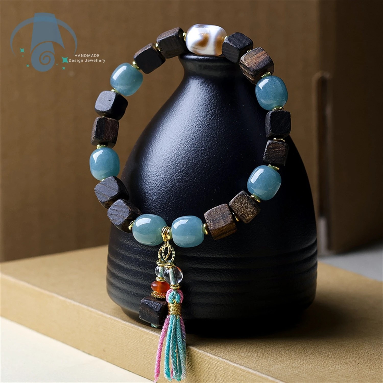 Meditation Yoga Bracelets Tarakan Agarwood Square Beads Blue Water Jade Tiger Tooth Dzi Stones Handmade Stress Relief Calm Focus