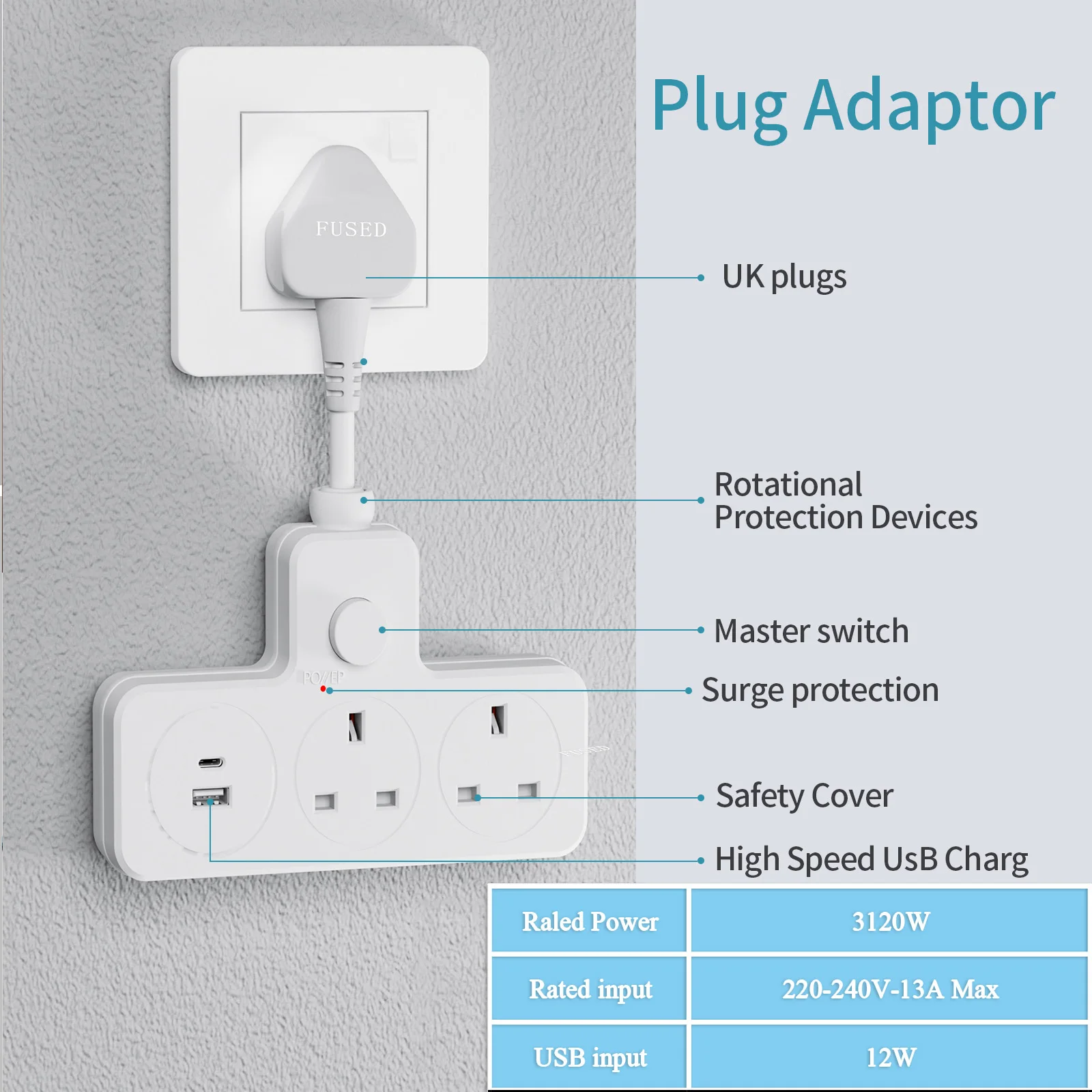 UK Power Plug AC Socket Wall Outlet 13A 3120W Wall Mounted Multi-Plug USB Power Socket Travel Power Adapter Home Office