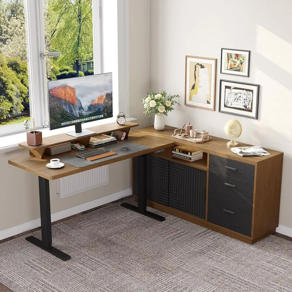 

55 Adjustable Standing Desk with Matching Cabinet and Monitor Stand, Executive Office Furniture Set in Oak Brown