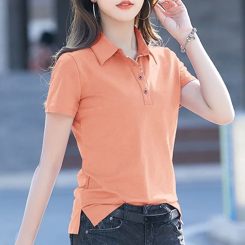 Polo Neck Shirt for Women Button Plain 100℅ Cotton Slim Woman T Korean Style Aesthetic Y2k Fashion Pulovers New Clothing Basic