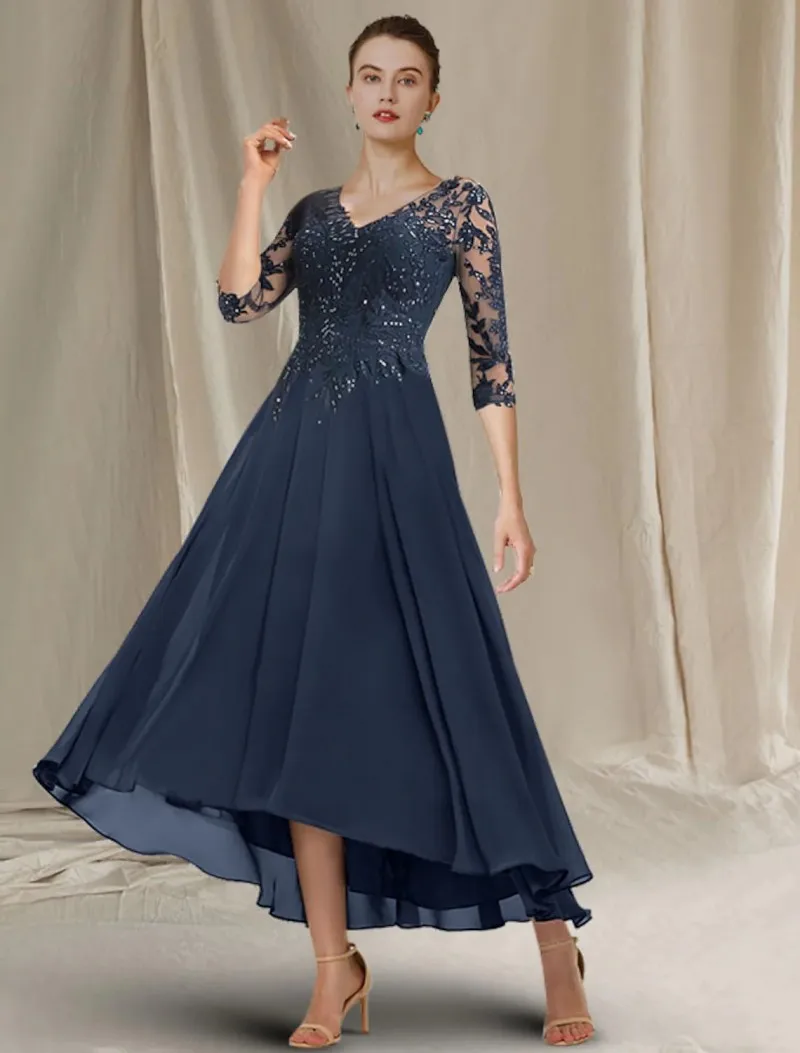 

Dark Navy Half Sleeve High Low Mother of the Bride Dress Plus Size Vintage V Neck Chiffon Sequin Groom Party Gowns Vestidos