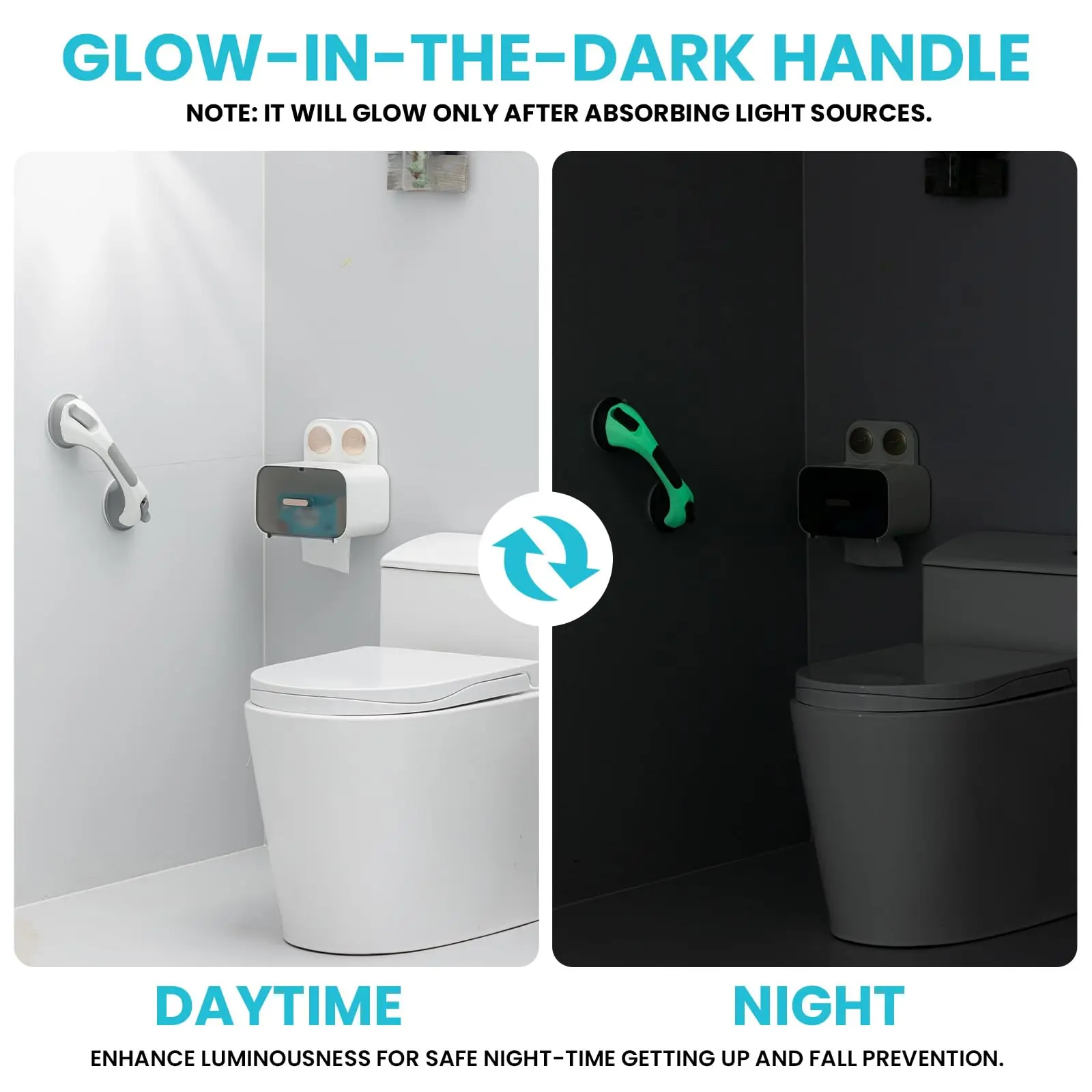 TAILI 1pcs Shower Grab Bar Glow in The Dark Shower Handles Shower Rails for Elderly, Bathroom Safety Grip Removable No Drilling