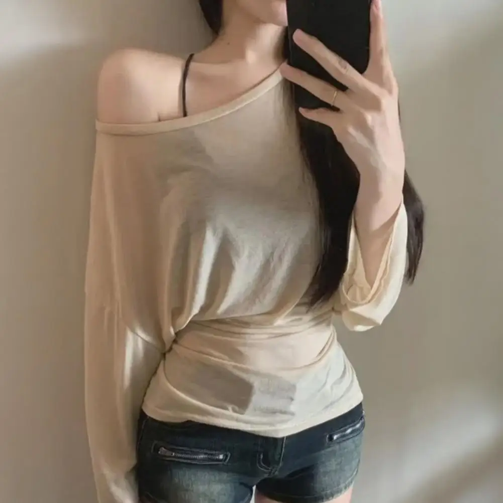 

2026 See Through Long sleeve Oversize T shirt Women Sexy Back Bandage Off shoulder Top Female Basic Long Tees Korean Chic Lady