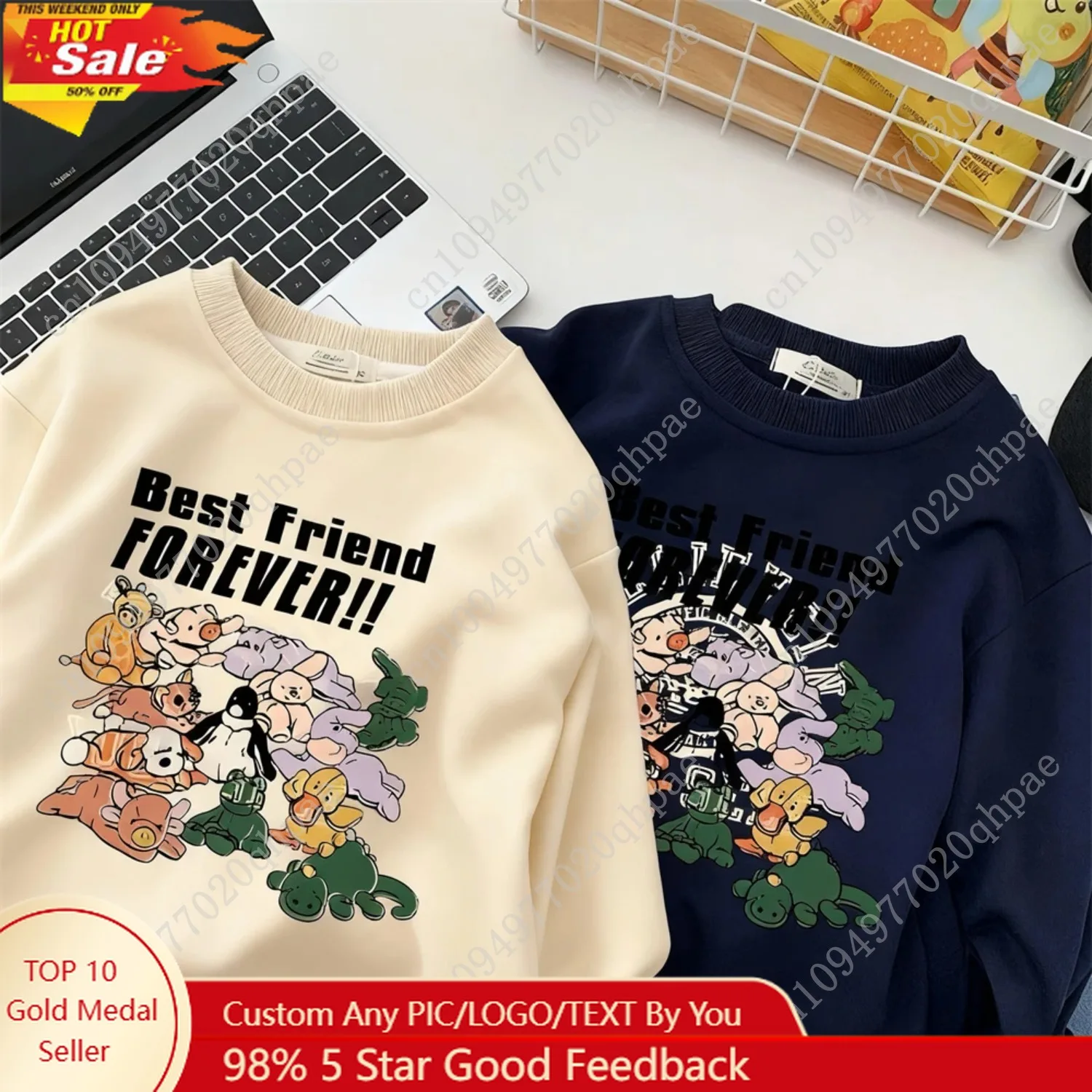 

Cartoon Animals Print Tops Cute Round Neck Sweatshirts Autumn Wear Boys Child Trendy Casual Hoodie Sports Casual Beige Tops