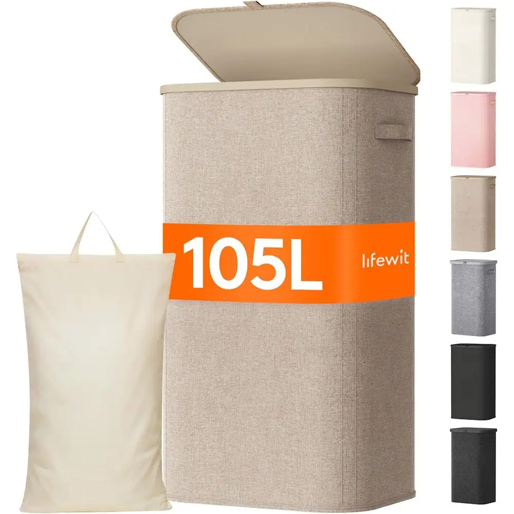 Cesto de Ropa Grande de 105L con Tapa, Cesto de Plástico con Asas, Bolsa Extraíble, Ideal para Guardar Ropa Sucia en Lavaderos, Dormitorios