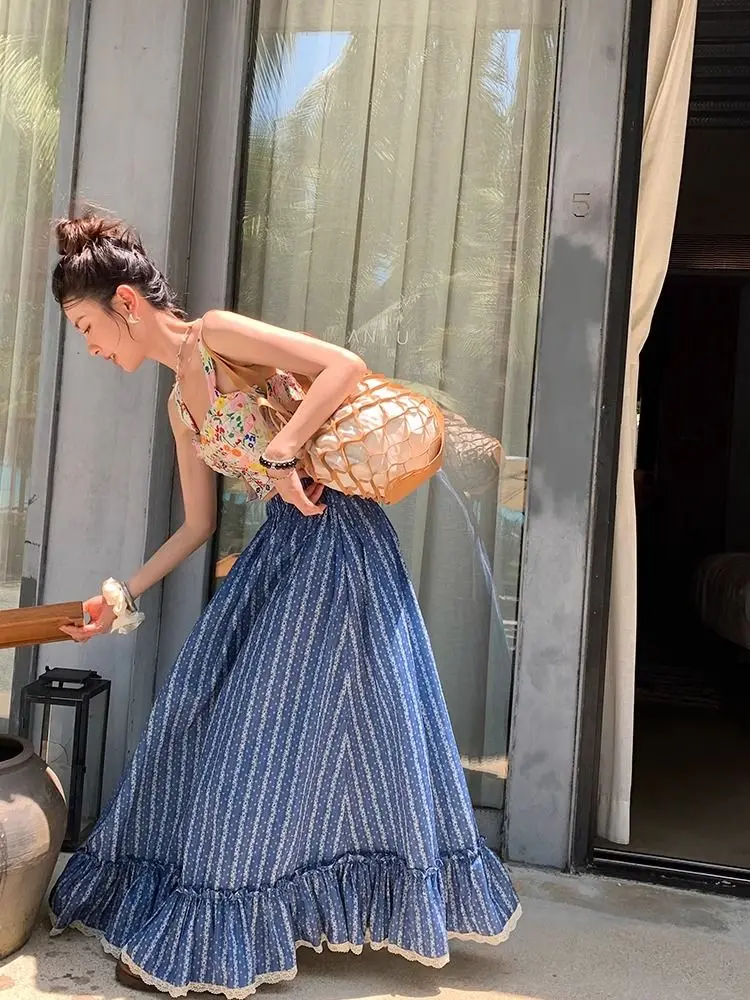 Vintage High Waist Blue White Striped Maxi Skirt Women Y2k Grunge A-line Spring Summer Long Skirt Lace Loose Mujer Skirts New