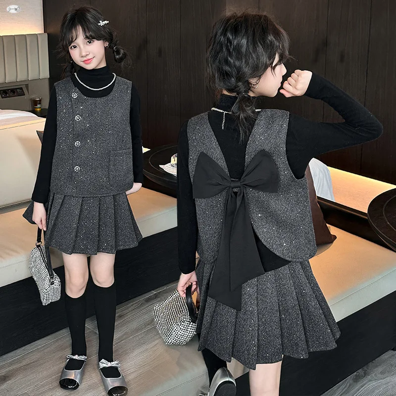 3pcs Girls Clothing Set Spring Autumn Kids Outfits Cute Back Bow Vest + Pleated Skirt + Long Sleeve Shirt Children Clothes Suit