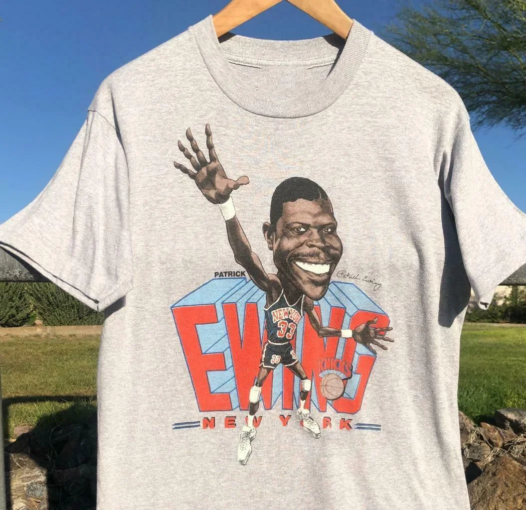 تي شيرت Patrick Ewing Caricature Big Head تي شيرت رياضي رمادي جميع المقاسات JJ3888