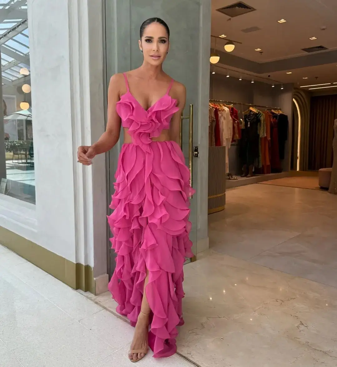 2024 Summer Ruffled Long Dress Hot Pink Tiered Chiffon Prom Party Dresses Front Slit Women Beach Maxi Gown Formal Occasion Dress