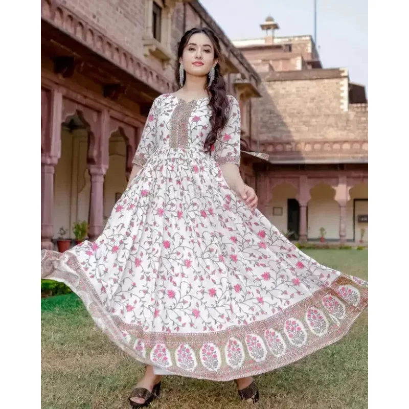 

Women Printed Rayon Anarkali Kurta Dress India Waist Tied Half Sleeve Outer Garment Kurti Dress