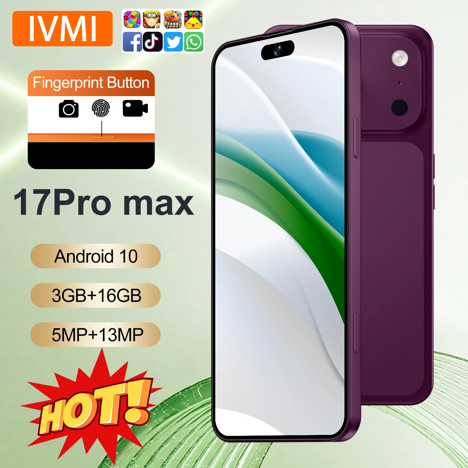 IVMI Smartphone 17Pro Max Android 3+16GB Face Unlock 4G Network Google Play Store GPS WIFI Fingerprint Global Mobile Phones