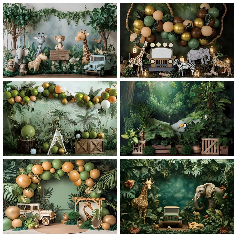 Jungle Forest Baby Shower Photography Backdrop Safari Wild One Animals Balloons Newborn Baby 1st Birthday Party Decor Background