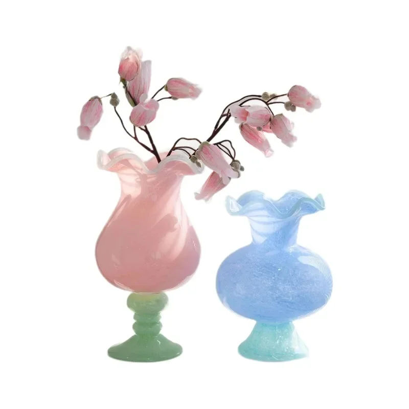 Lace wind lamp glazed vase fresh pink blue high-footed art color matching glass vase