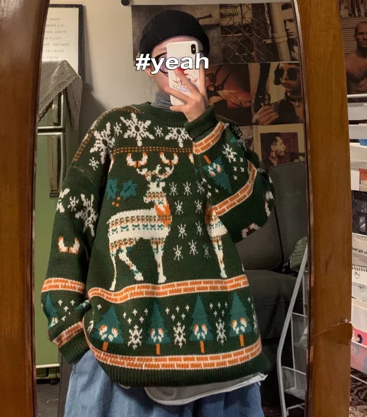 الأمريكية الرجعية متعة شجرة عيد الميلاد الأحمر جولة الرقبة الرجال سترة الخريف الشتاء فضفاضة عارضة زوجين الأزرق الأخضر محبوك سترة #6