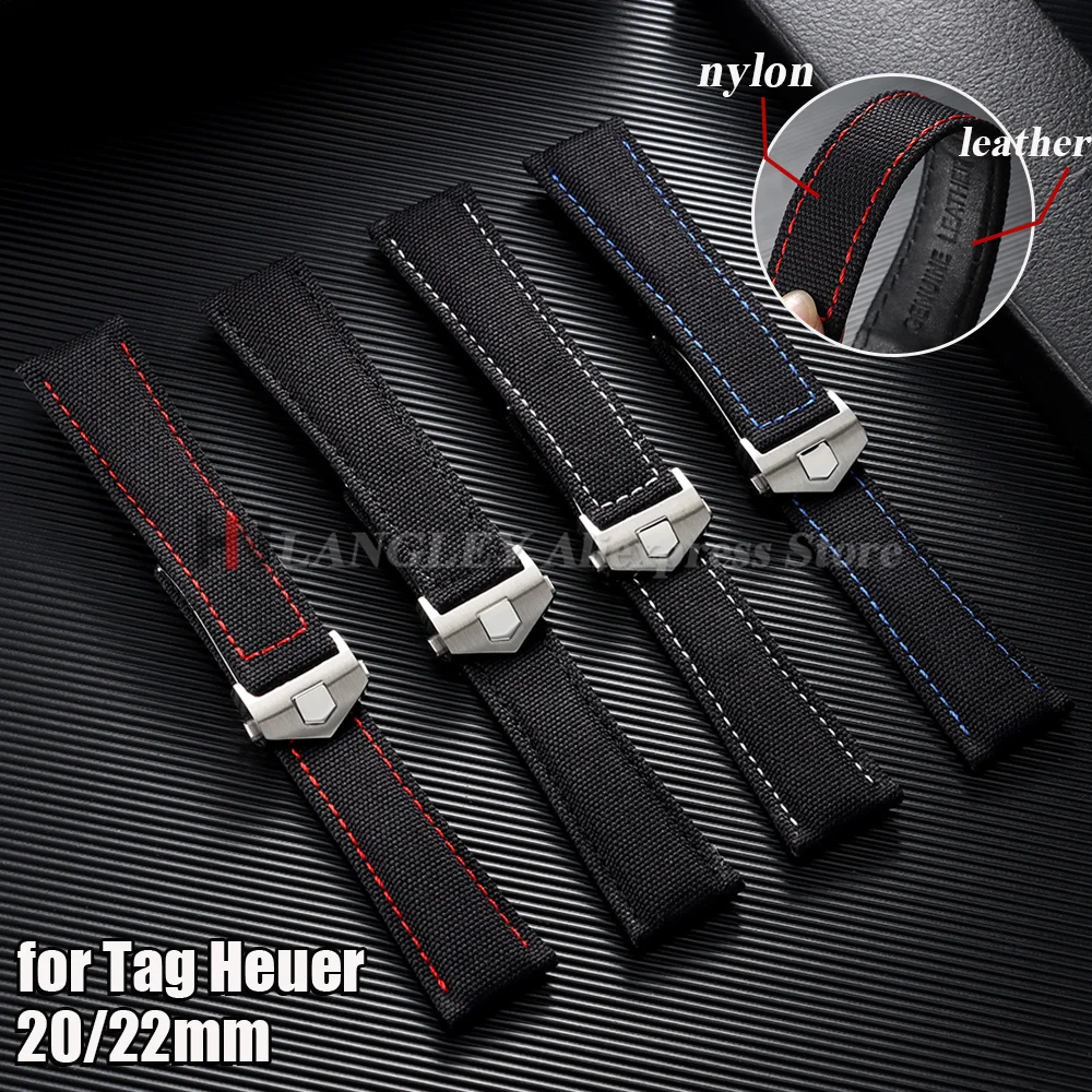 20mm 22mm Canvas Nylon Leder Uhrenarmband für Tag Heuer CARRERA AQUARACER Uhrenarmband Faltschließe Schwarzes Uhrenband für Herren