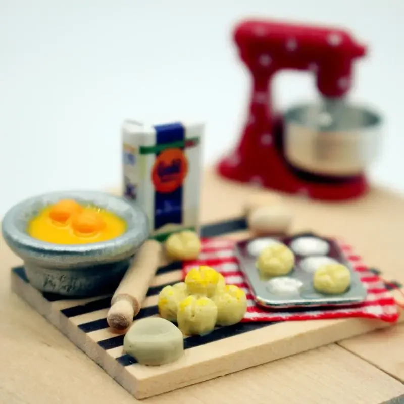 Casa de muñecas, juguete de comida, estación de fabricación de pastelería, huevo, leche, pan, tabla de cortar, modelo en miniatura, accesorio de cocina, juguetes para juego de imitación para niños