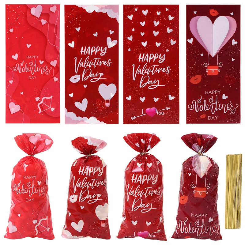 50/100pcs Valentine’s Day Plastic Candy Bags Transparent Snack Cookie Chocolate Gift Packaging Bags Wedding Party Gifts