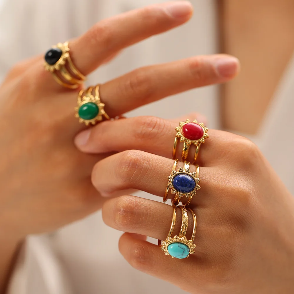 حلقات حجرية من الفولاذ المقاوم للصدأ للنساء حلقات كبيرة قابلة للفتح من الحجر الطبيعي الملون