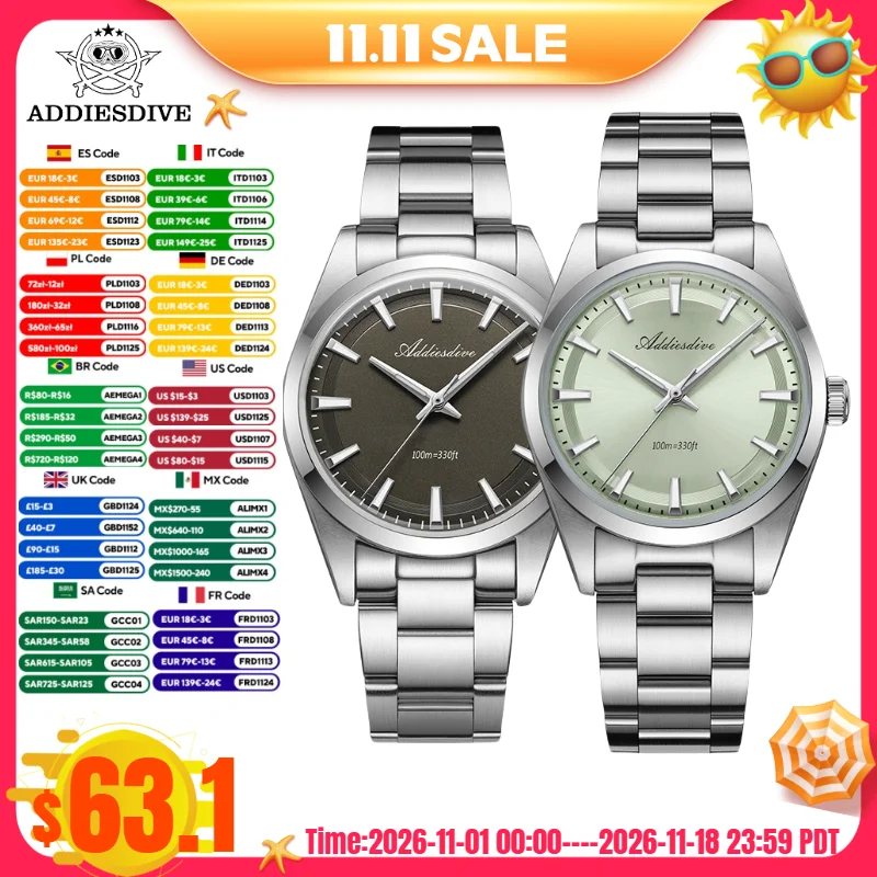 ADDIESDIVE TOP Sale Men VH31 Watch AD2066 Reloj Hombre 10Bar Waterproof BGW9 Super Luminous 316L Stainless Steel Quartz Watches