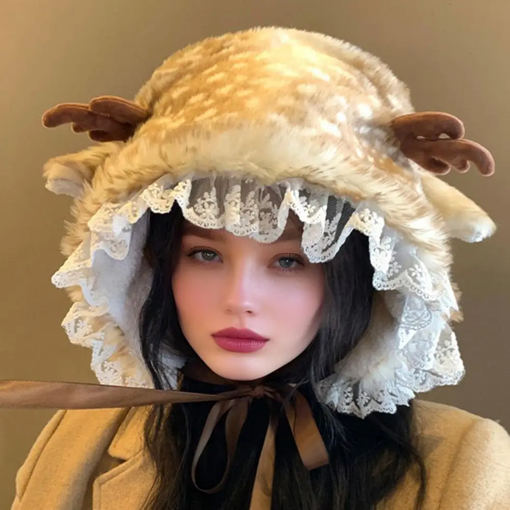 Women Winter Hat with Ear Cups Deer Design Winter Hat with Plush Ears Furry Print Leg Warmers Warm Windproof Skiing for Women