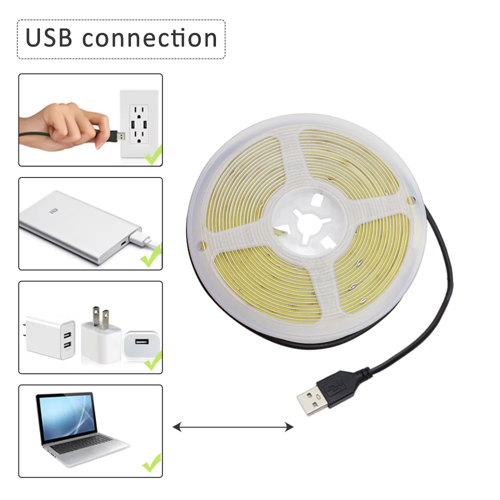 5 فولت USB COB LED قطاع ضوء 320 المصابيح/م الدافئة الطبيعية الباردة الأبيض مرنة حزام خفيف 2pin 8 مللي متر لغرفة النوم غرفة المعيشة ديكور المنزل