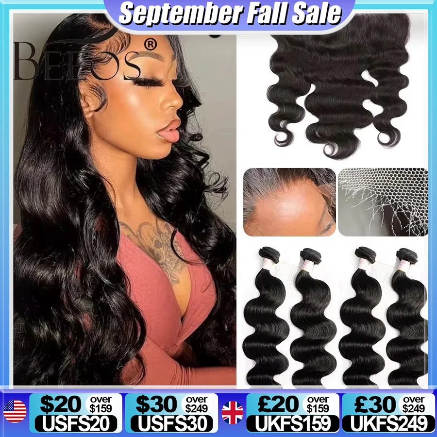 

BEEOS Body Wave Bundles With 13x6 HD Lace Frontal Human Hair Wigs Undetectable 3 Bundles With HD Closure Hair Weave Extension