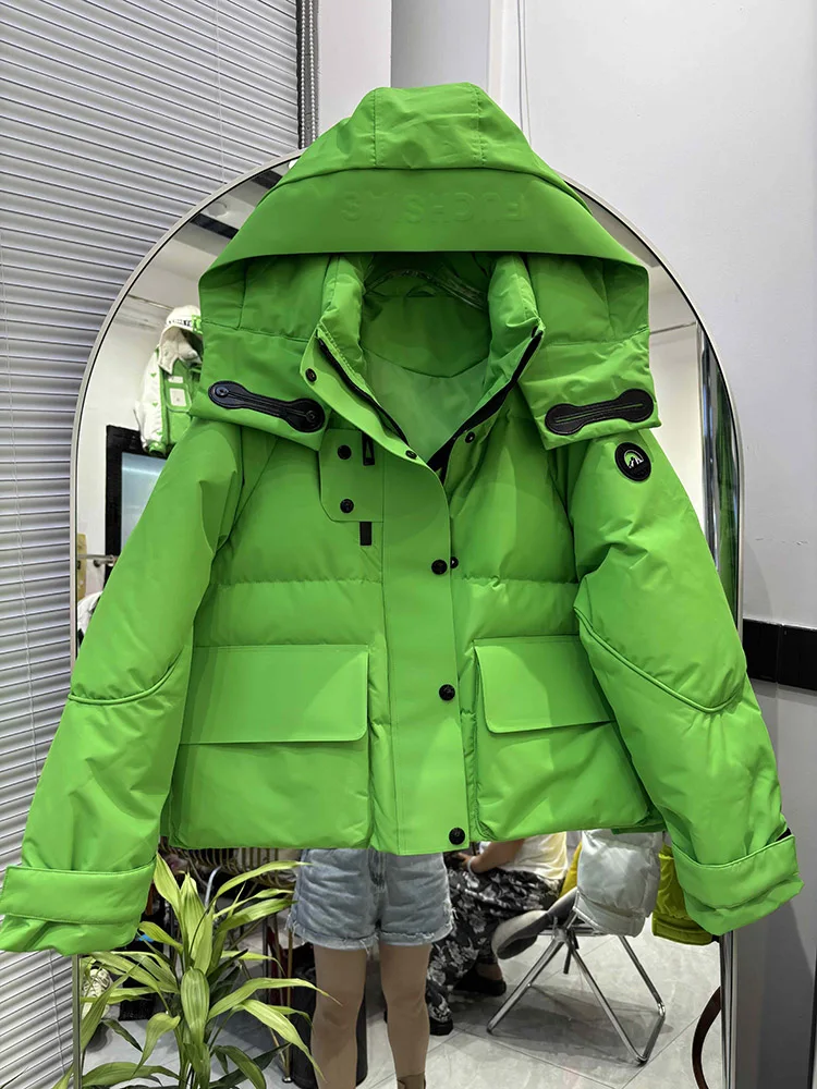 キャンディーカラーのゆったりとした暖かい防風服、厚手のパファーコート、レディースフード付きパーカー、冬用90%ホワイトダックダウンジャケット