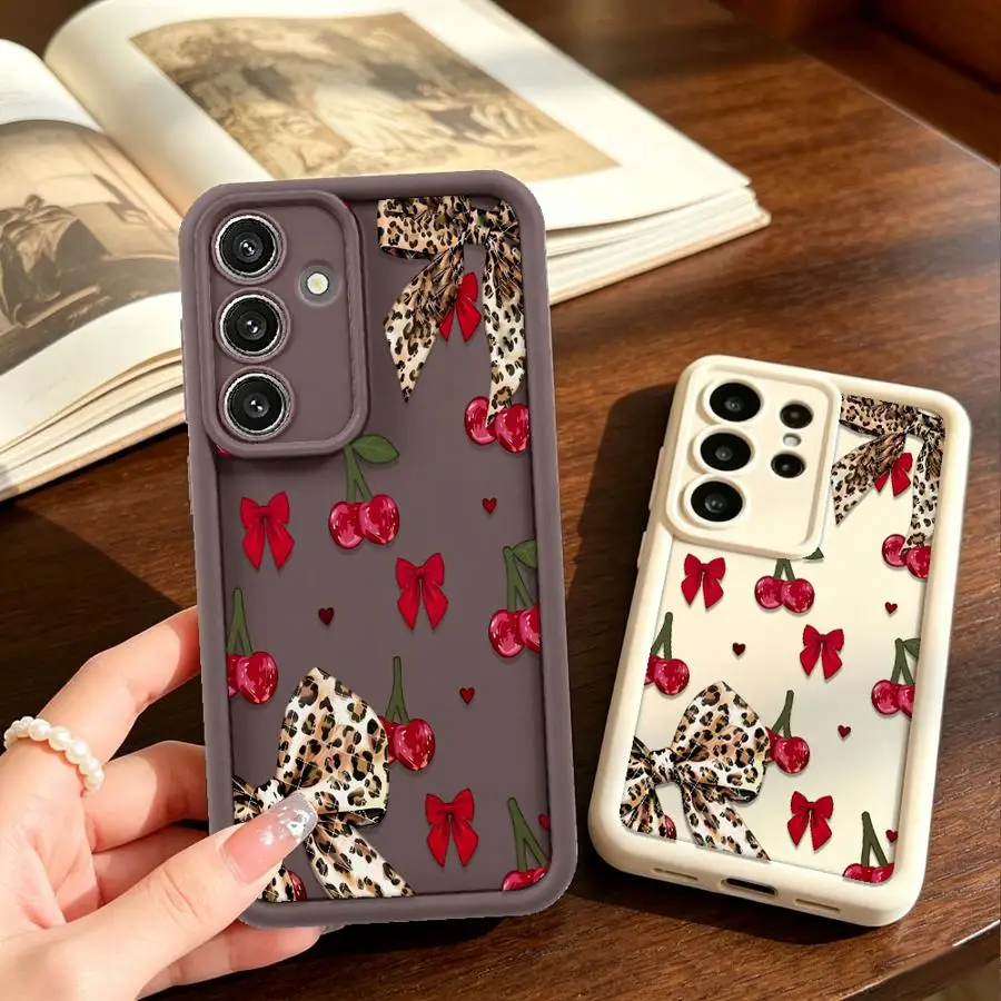 Cherry Leopard Bow Phone Cover Case for Samsung Galaxy S26 Note 20 Ultra S24 ultra S21 S23 S25 S22 Plus S20 FE