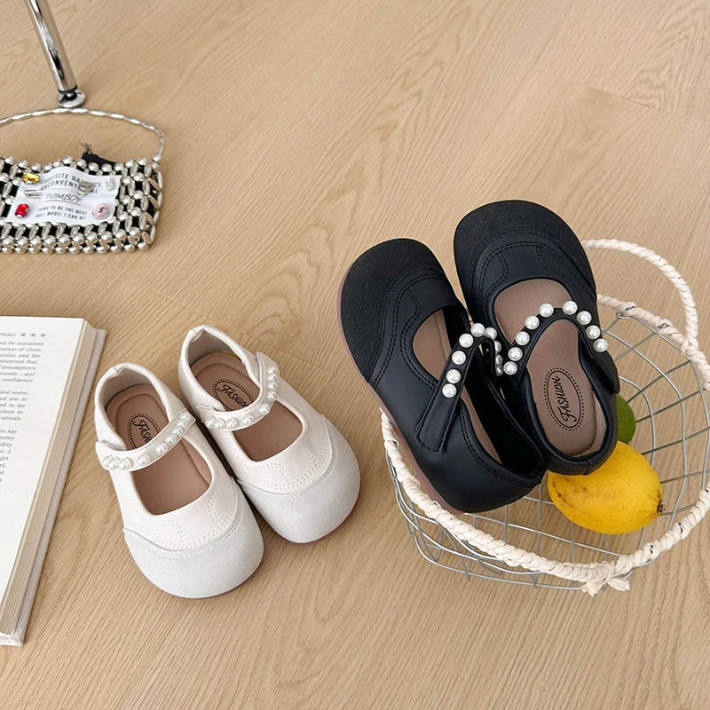 Girls Beaded Strap Leather Shoes 2026 New Autumn Toddler Mary Jane Flats Soft Sole Classic Princess Girls Party Wedding Footwear