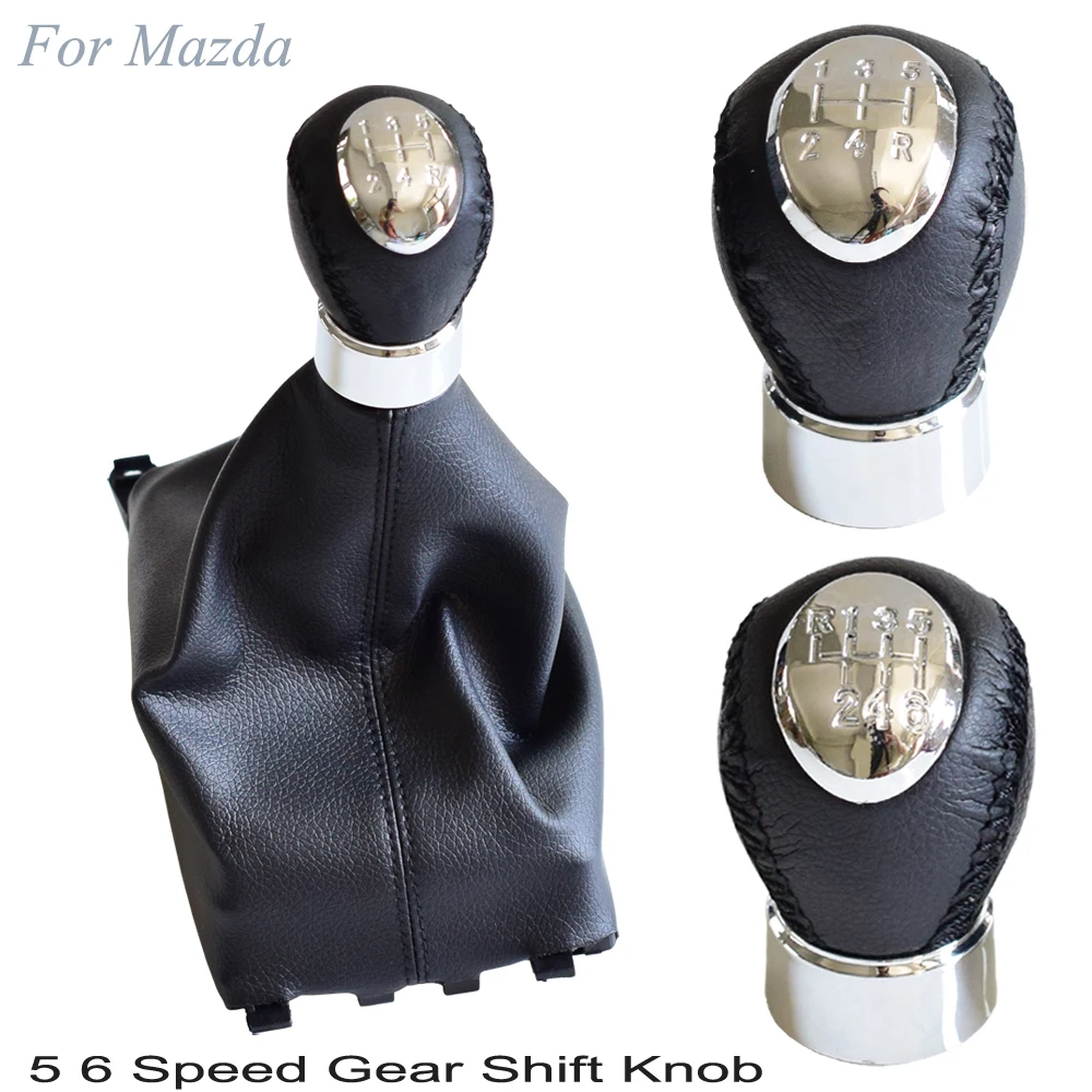 5/6 Speed Leather Chroem Car MT Gear Shift Knob Lever HeadBall Shifter Gaiter Boot For Mazda 6 2002 2004 2005 2006 2007