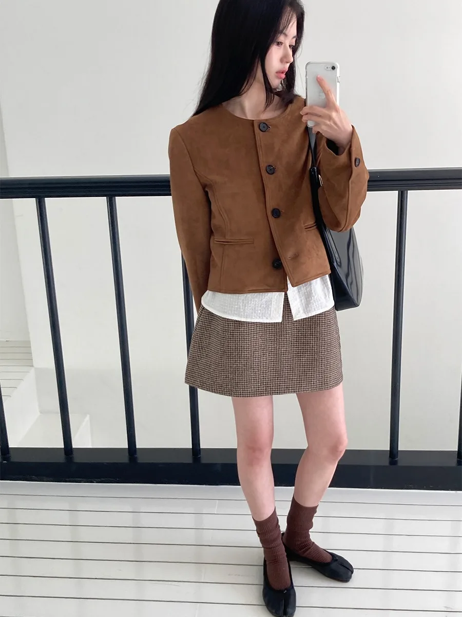 Veste longue en daim rétro Chic à bouton unique, ample et décontractée, longueur d'épaule, vêtements d'extérieur pour jeunes femmes en automne