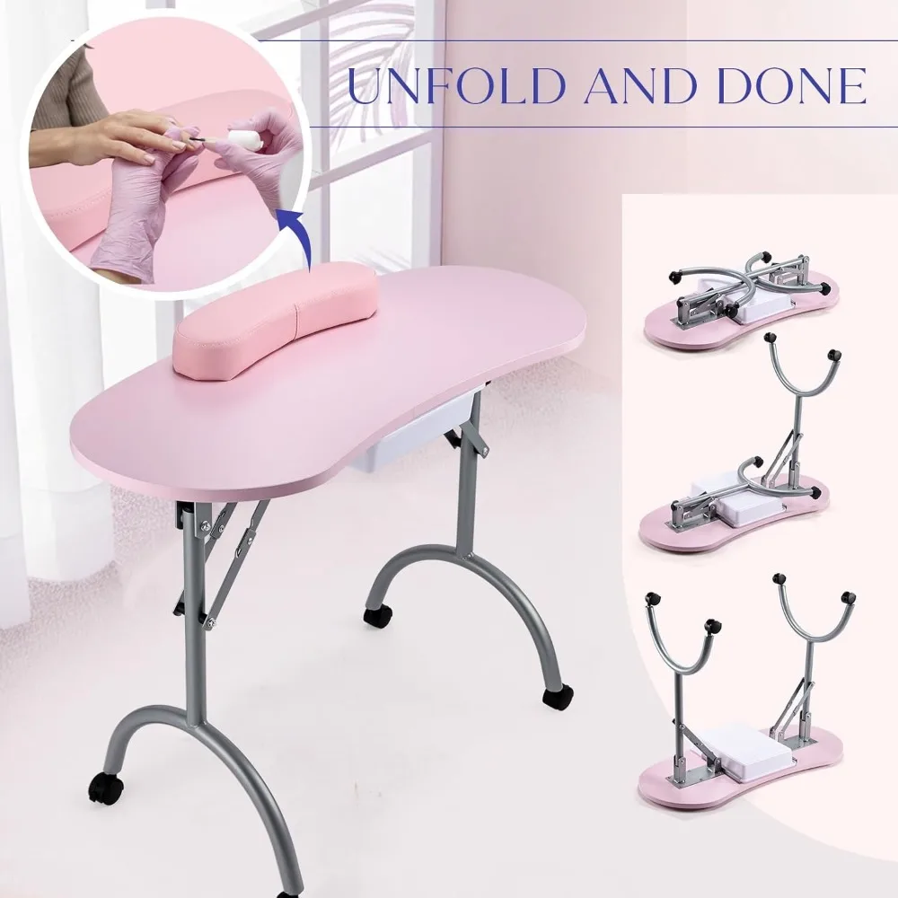 طاولة أظافر محمولة، مكتب مانيكير قابل للطي، محطة تقنية الأظافر، مكتب أظافر احترافي مع درج ومسند للمعصم، مانيكير بعجلات #3