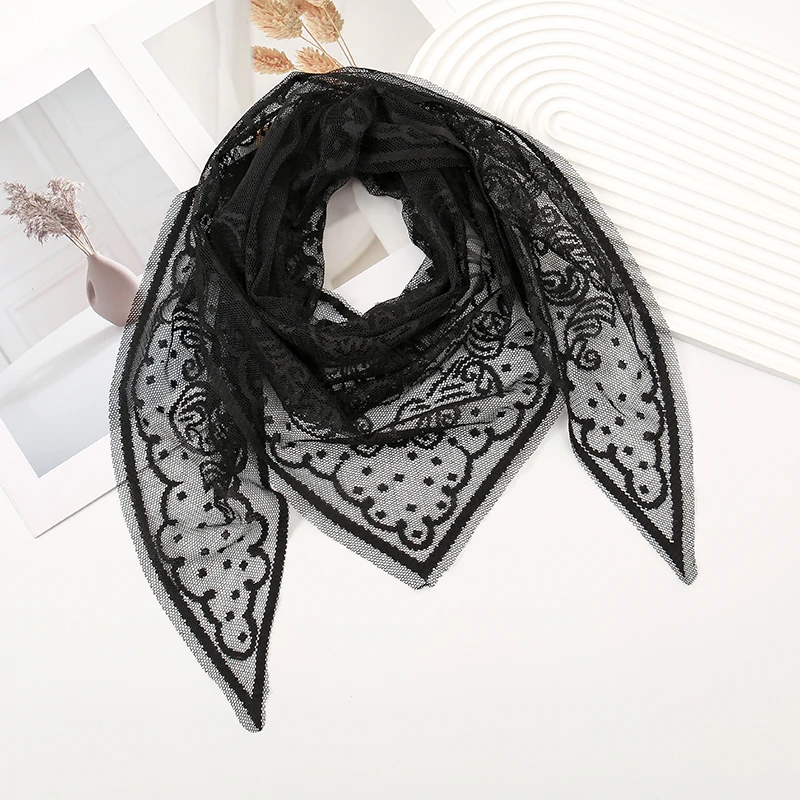 Elegant Madonna Triangle Headscarf Polyester Solid Muslim Woman Hijab Lady Lace Scarf Islamic Shawls In Church Prayer Shawl