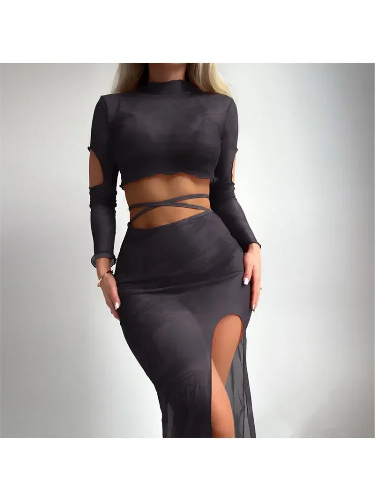 Swimwear New Trend Long Sleeve Top Short Skirt Swimsuits Women's Small Fresh Style Lace Up Tulle Split-top Hot Sales Type 2024