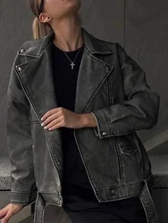 Streetwear Women Vintage Loose Pu Faux Leather Jacket Spring Autumn Female Retro Zipper Belt Coat Outwear