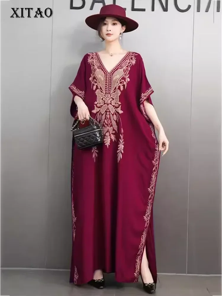 

XITAO Printing Side Slit Casual V-neck Dress Casual Loose Fitting Ankle-length Fashion New Embroidery Summer Dress GMM1271