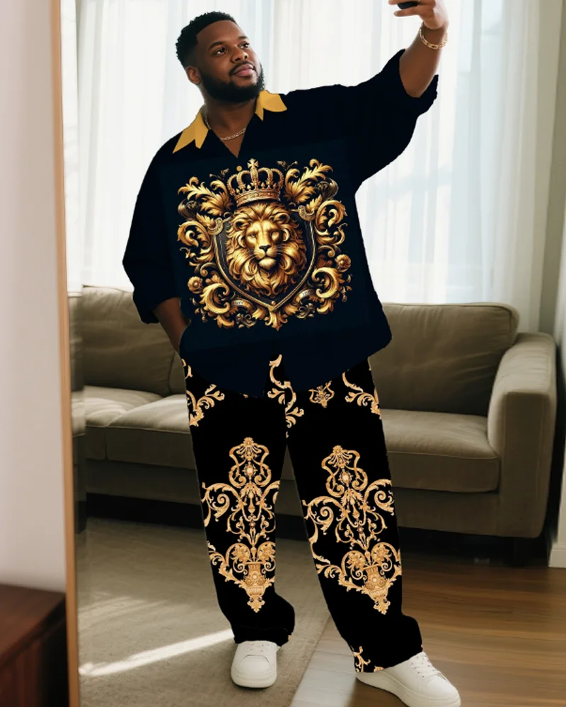 S-9XL Big Size Men's Lion & Dragon Print Patchwork Long Sleeve Shirt And Long Pants 2-Piece Matching Outfit
