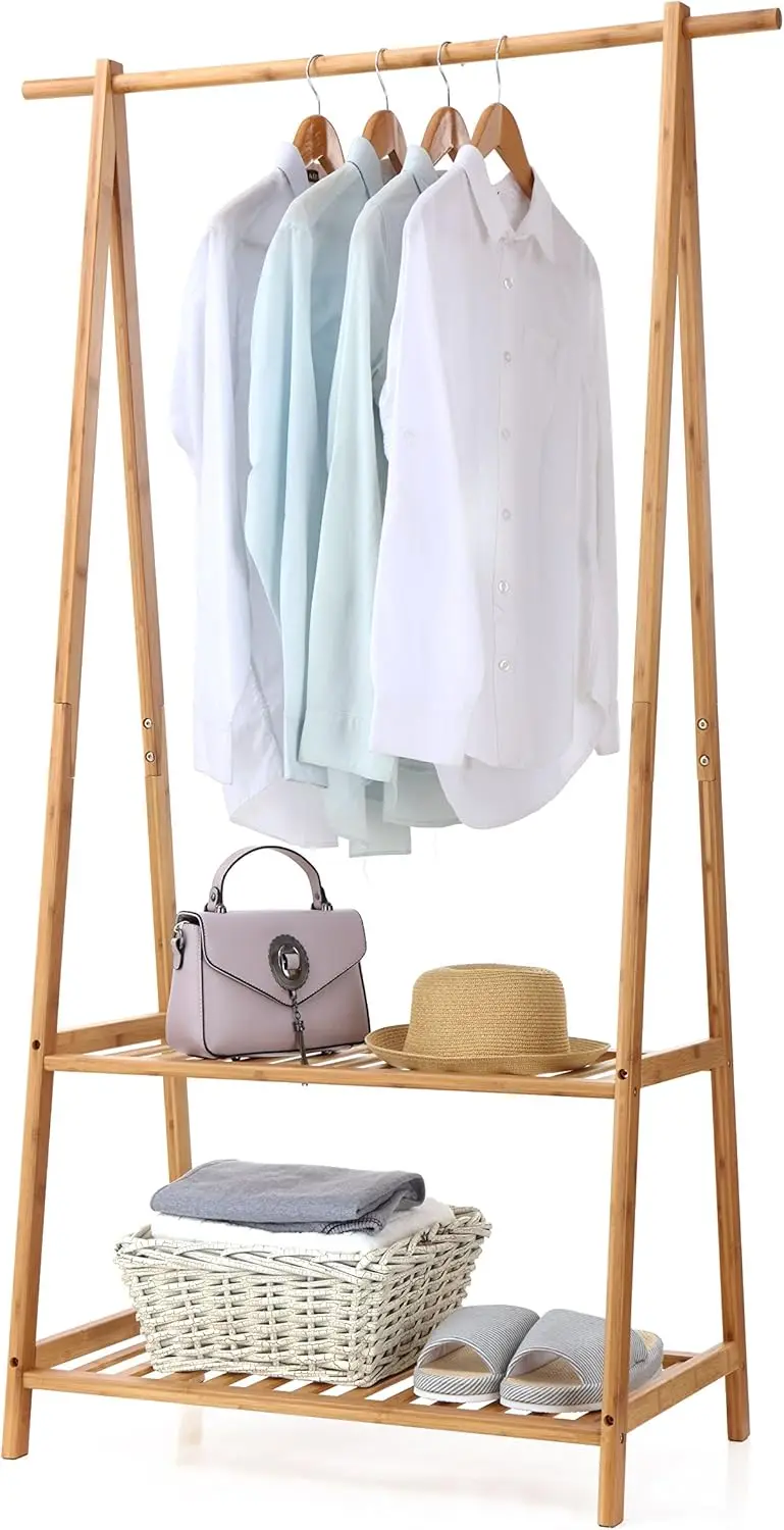 

Portable Bamboo Garment Rack with 2-Tier Storage Shelves for Bedroom and Entryway
