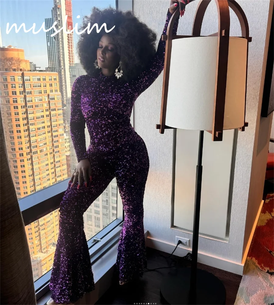 Shiny Purple Evening Dress 2024 High Neck Spark Sequin Jumpsuit Prom Dresses For Black Girls Long Sleeve Plus Size Formal Dress