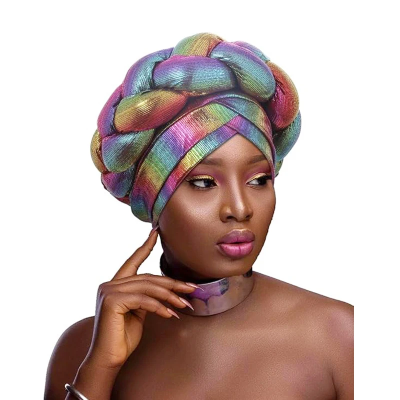 New Women Bronzing Forehead Cross Double Braided Turbans Headwear Headdress African Headtie Head Wraps Negerian Wedding Gele Cap